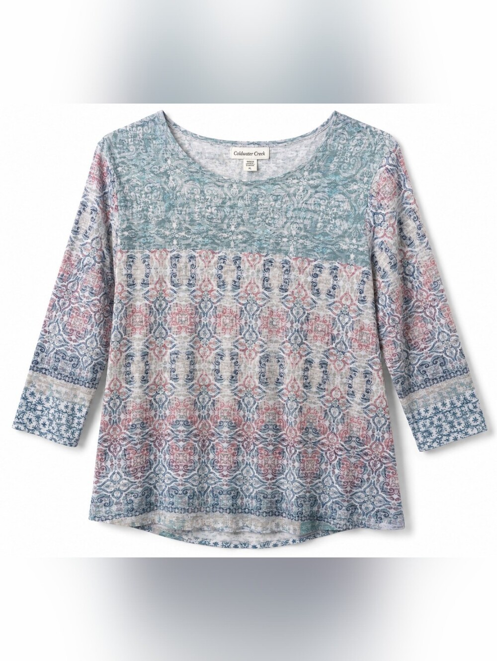 Title:Coldwater Creek Petite Large Burnout Medallion Print Top Blue Pink - Picture 2 of 3